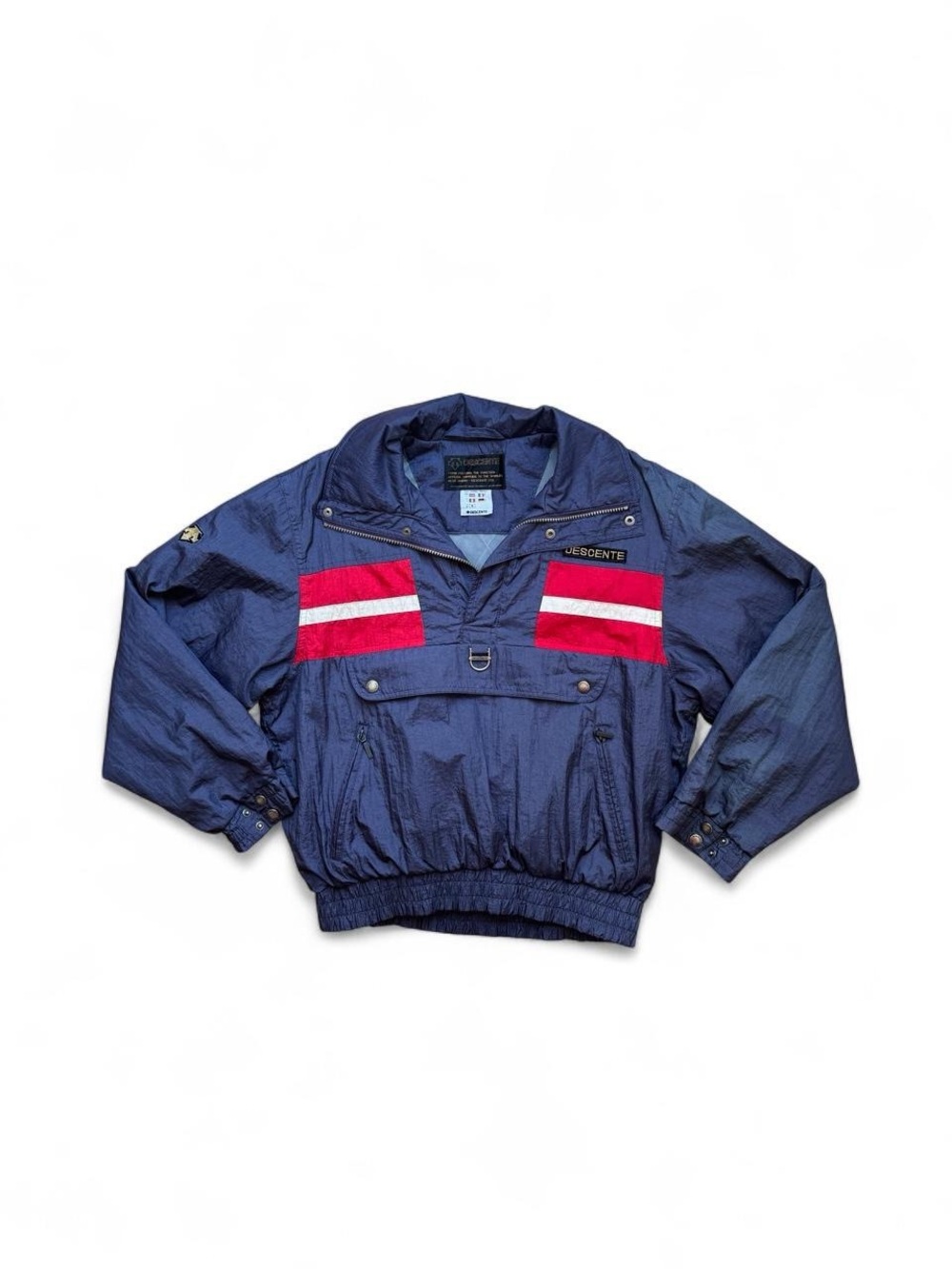 Descente Retro Navy Ski Pullover Jacket with Red and White Stripes